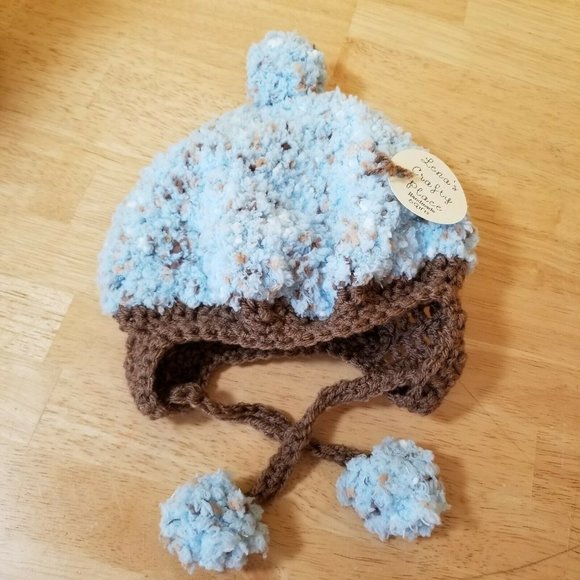 Hand Crafted Other - Toddler Child Lt Blue Brown Handmade Knitted Crochet Pom Pom Earflap Bomber Hat